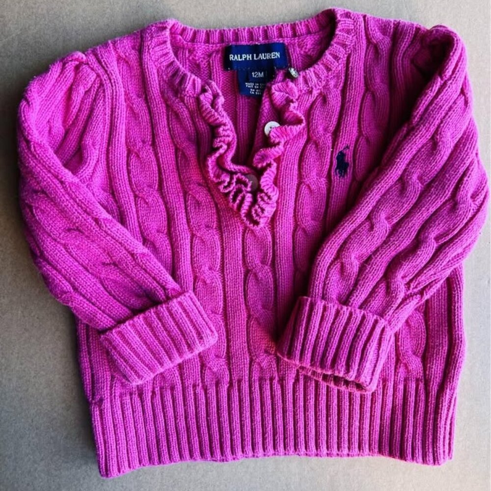 Ralph Lauren Baby Girl Pink Cable Knit Ruffle Cardigan 12M